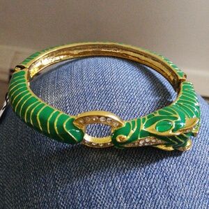 Dragon Gold Tone Green Rhinestone Hinge Bangle Bracelet
